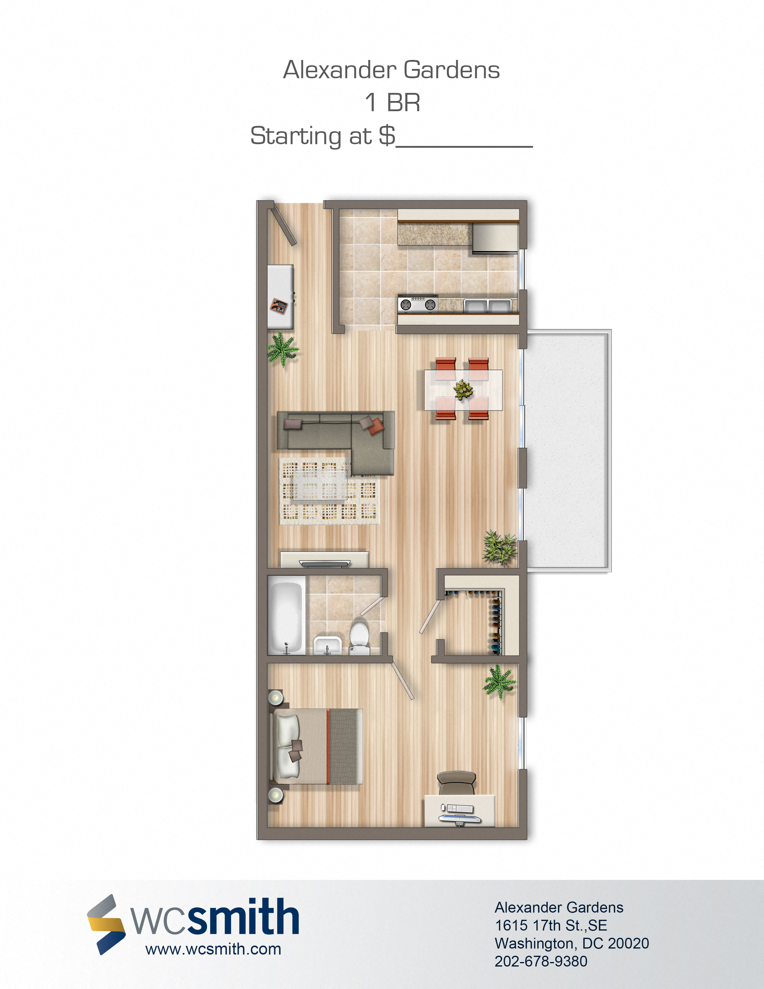 Floor plan for 1 bed, 1 bath, 655 sqft